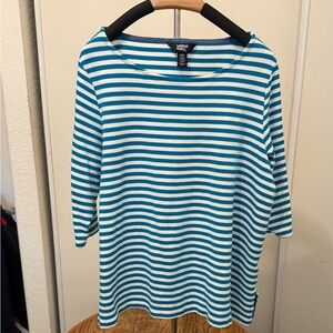 Lands' End Women's Teal and White Striped Long Sleeve Top